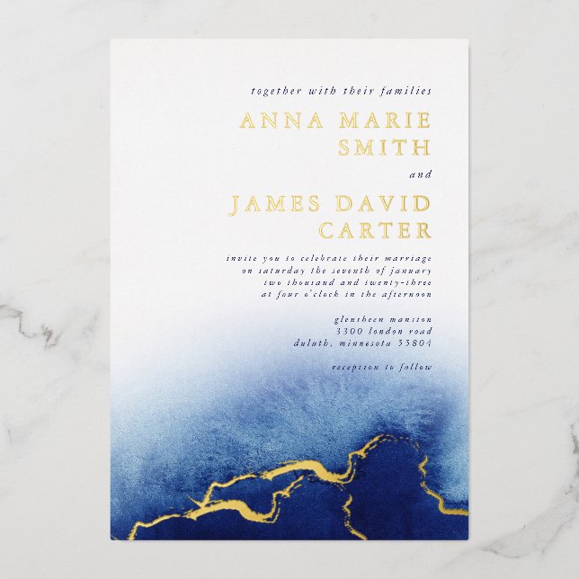 Modern Foil Blue Watercolor Wedding Invitation (Front)