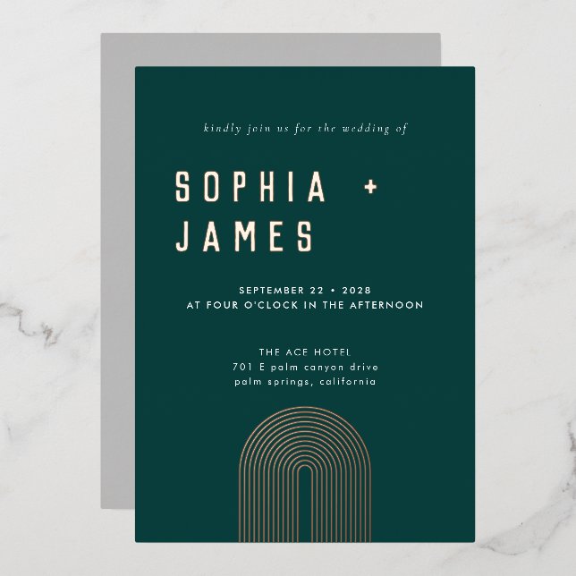 Modern Foil Boho Arch Green Wedding Invitation (Front/Back)