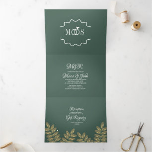Modern Foil Greenery Ring Wedding Logo Tri-Fold Invitation