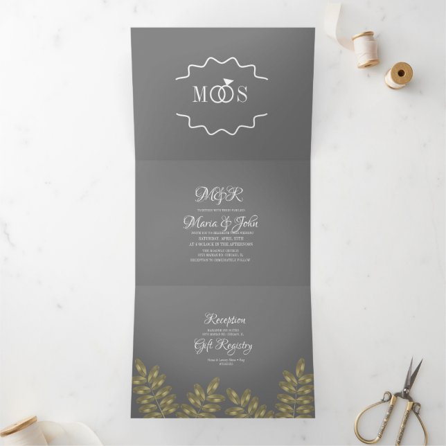 Modern Foil Greenery Ring Wedding Logo Tri-Fold Invitation (Inside)