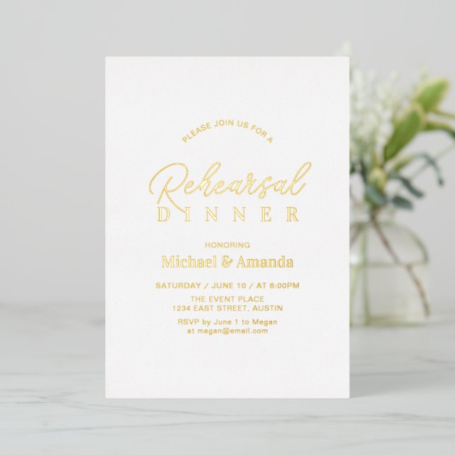 Modern Foil Wedding Rehearsal Dinner Foil Invitation (Standing Front)