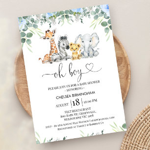 Modern Foliage Blue Floral Safari Baby Shower Invitation