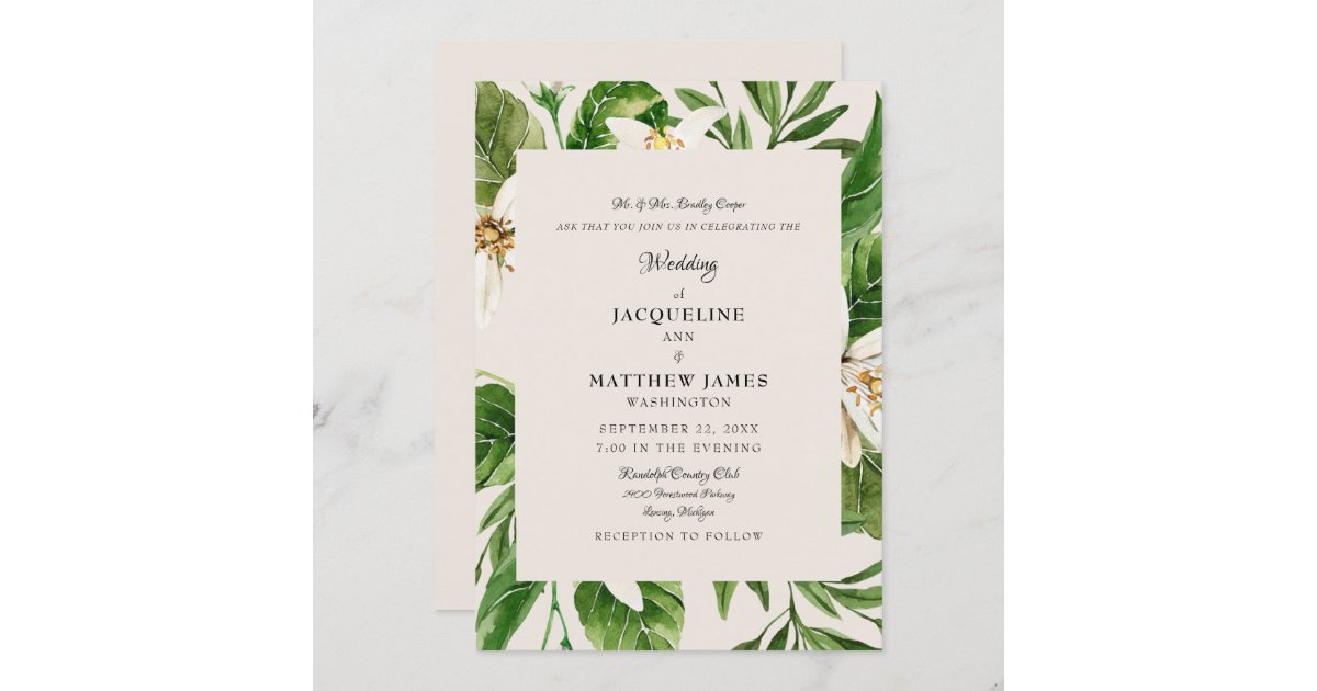 Modern Foliage Bride Parents Cream Wedding Invitation