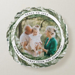 modern foliage chic elegant eucalyptus Christmas Round Pillow