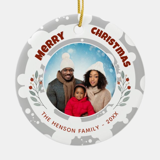 Modern Foliage Christmas Family Photo Ceramic Ornament (Front)