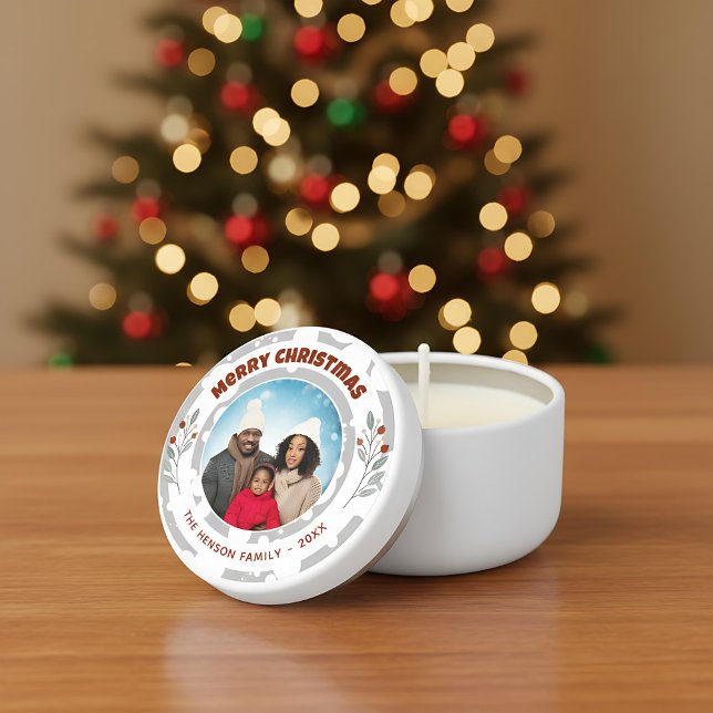 Modern Foliage Christmas Family Photo Holiday Mini Candle Favors (Creator Uploaded)