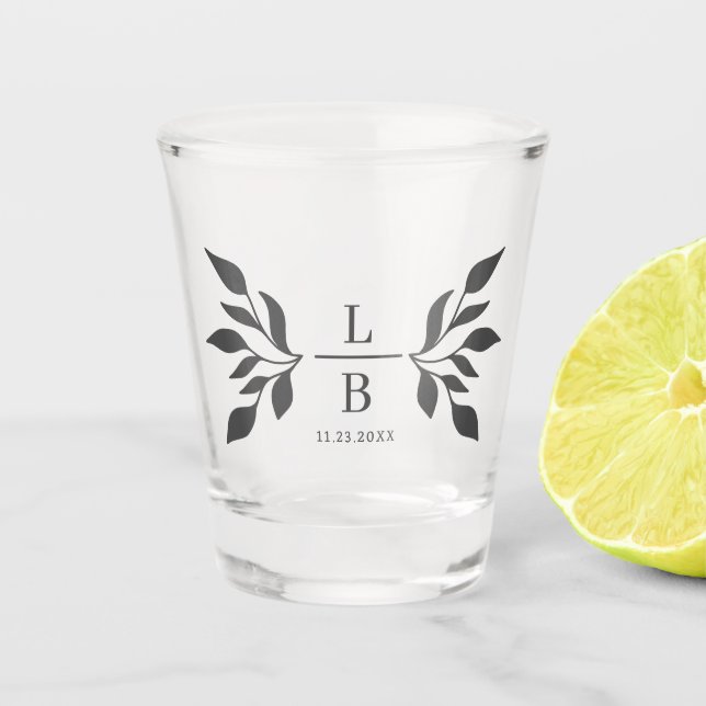 Modern Foliage Couple Monogram Wedding Favor Shot Glass (Front)