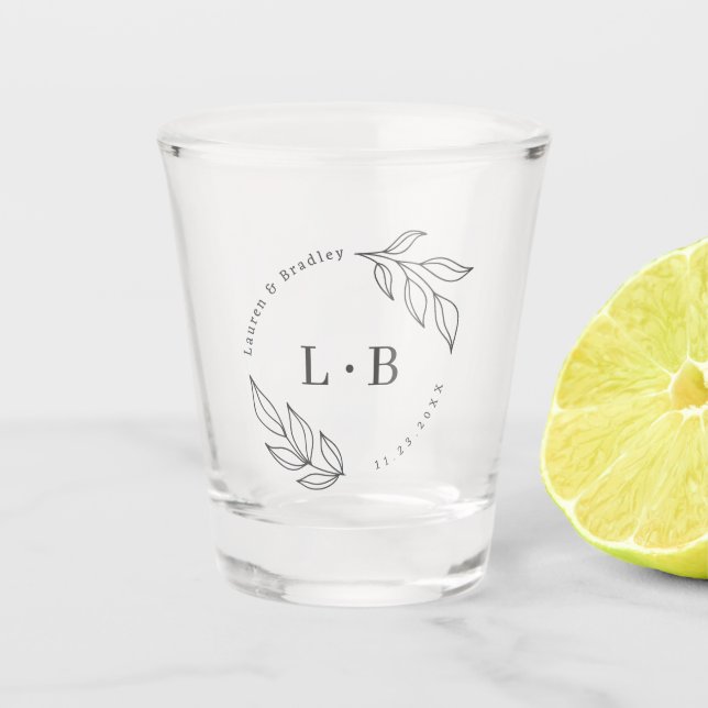 Modern Foliage Couple Monogram Wedding Favor Shot Glass (Front)