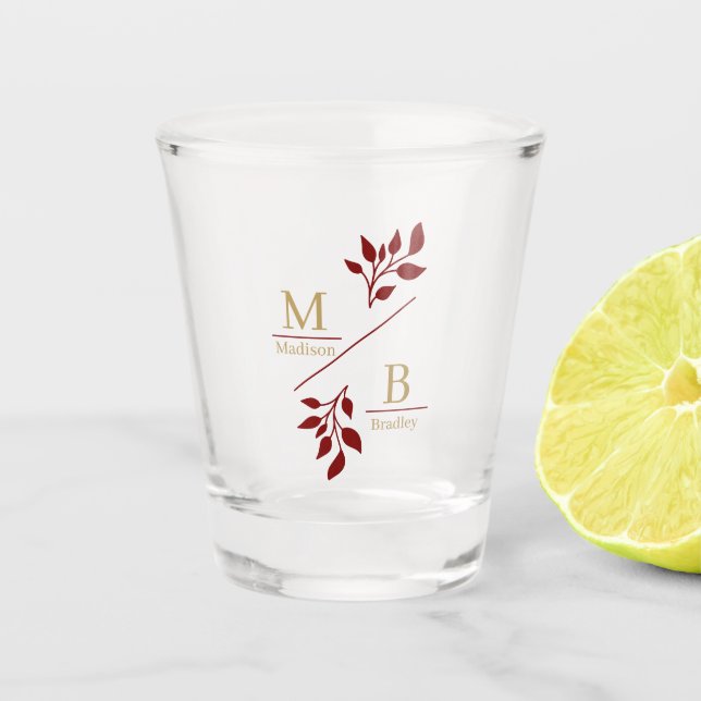 Modern Foliage Couple Monogram Wedding Favor Shot Glass (Front)