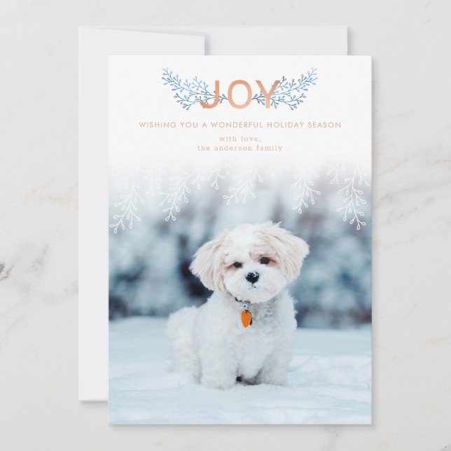 Modern Foliage Cute Dog Photo Holiday Card (Front)
