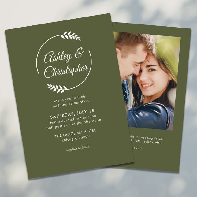 Modern Foliage Frame Olive Green Photo Wedding Invitation (Creator Uploaded)