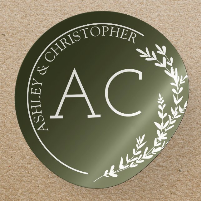 Modern Foliage Frame Olive Green Wedding Classic Round Sticker (Creator Uploaded)