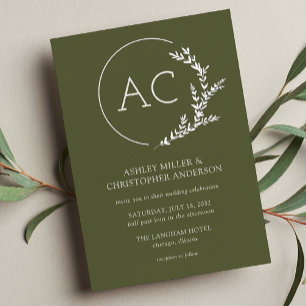 Modern Foliage Frame Olive Green Wedding Foil Invitation