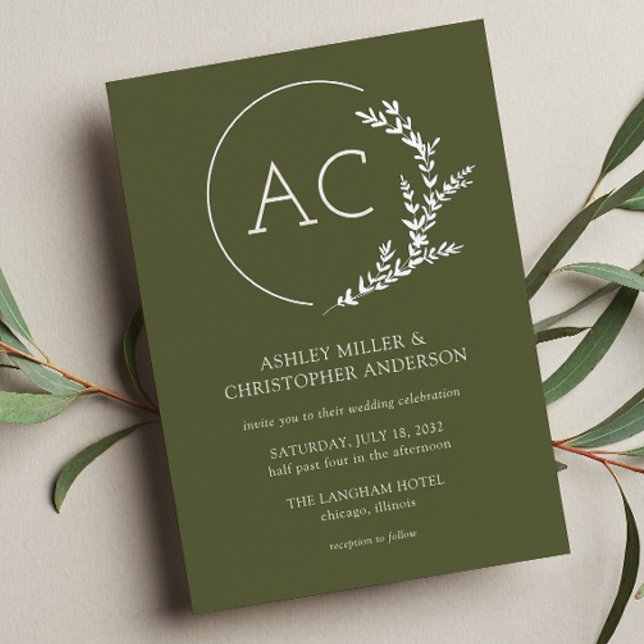 Modern Foliage Frame Olive Green Wedding Foil Invitation (Creator Uploaded)