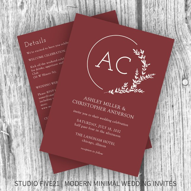 Modern Foliage Frame Rosewood All-in-One Wedding Invitation (Creator Uploaded)
