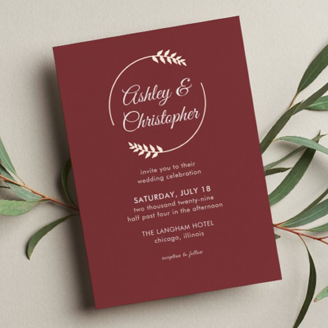 Modern Foliage Frame Rosewood Red Wedding Foil Invitation (Creator Uploaded)