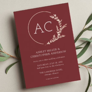 Modern Foliage Frame Rosewood Red Wedding Foil Invitation