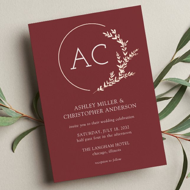 Modern Foliage Frame Rosewood Red Wedding Foil Invitation (Creator Uploaded)