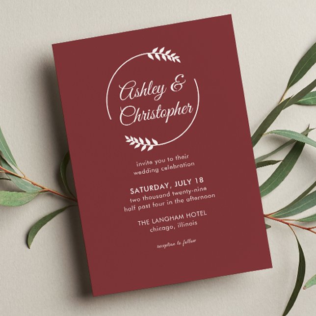 Modern Foliage Frame Rosewood Red Wedding Invitation (Creator Uploaded)