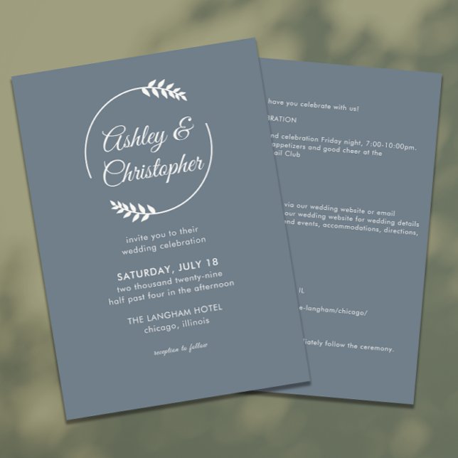 Modern Foliage Frame Slate Gray All-in-One Wedding Invitation (Creator Uploaded)