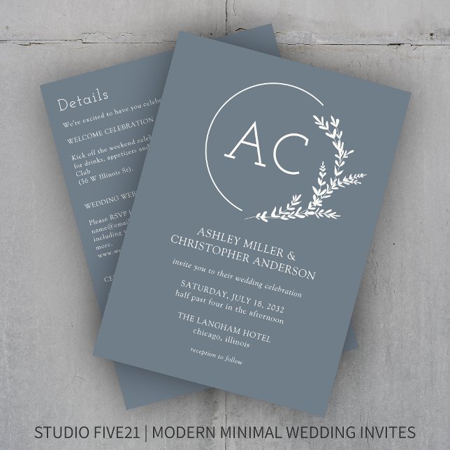 Modern Foliage Frame Slate Gray All-in-One Wedding Invitation (Creator Uploaded)