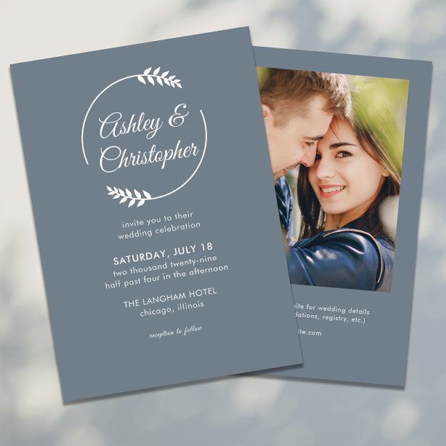 Modern Foliage Frame Slate Gray Photo Wedding Invitation (Creator Uploaded)