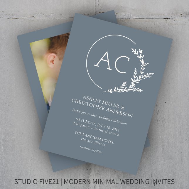 Modern Foliage Frame Slate Gray Photo Wedding Invitation (Creator Uploaded)