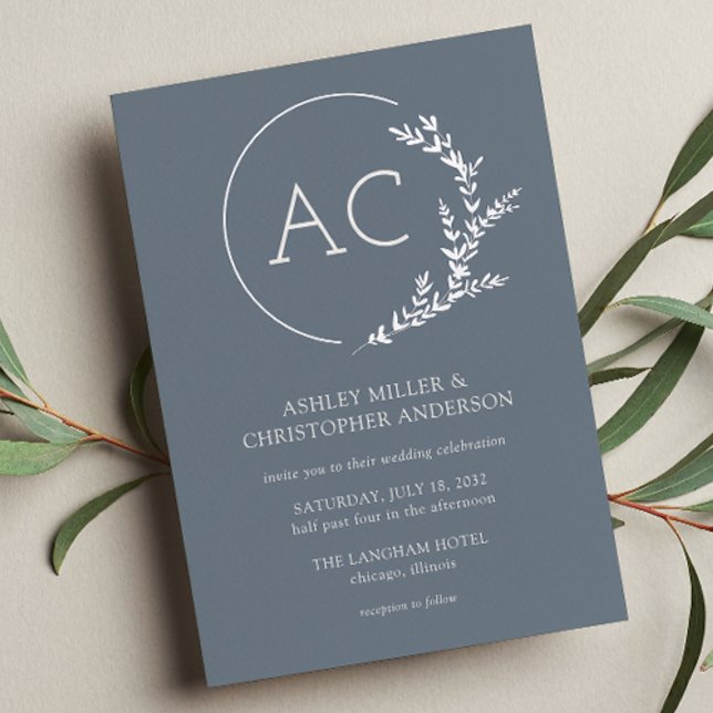 Modern Foliage Frame Slate Gray Wedding Foil Invitation (Creator Uploaded)