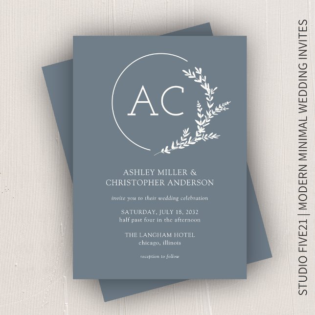 Modern Foliage Frame Slate Gray Wedding Invitation (Creator Uploaded)