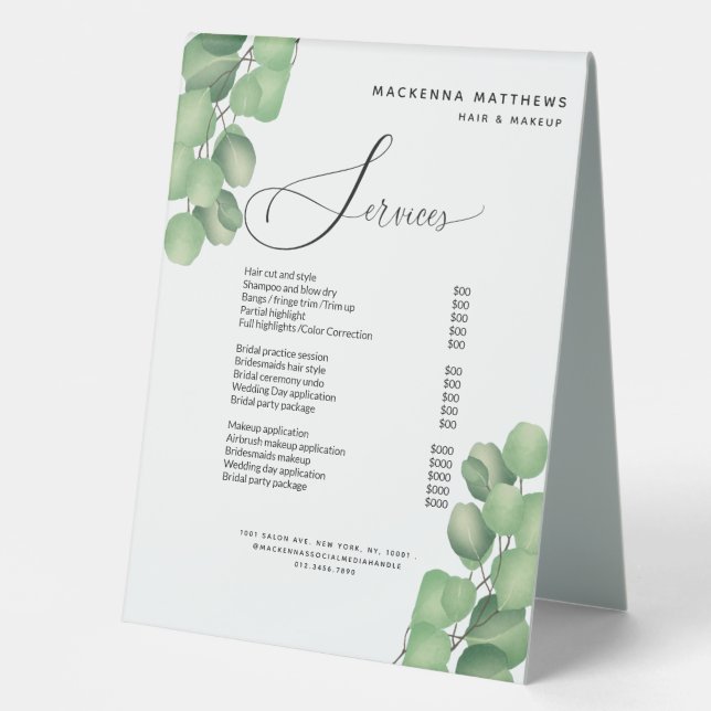 Modern Foliage Greenery Hair Stylist Service Menu  Table Tent (Front)