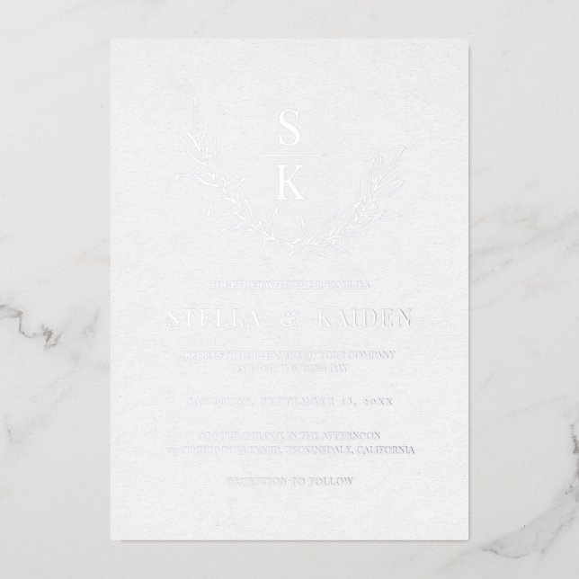 Modern Foliage Leaves Line Art Elegant Wedding Foil Invitation (Front)