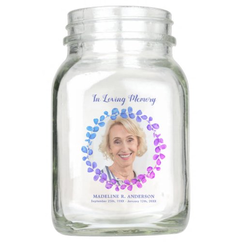Modern Foliage Photo Memorial Share A Memory Mason Mason Jar - Modern Eucalyptus Funeral Memorial Share A Memory keepsake mason jar. This elegant memorial keepsake jar features a blue purple pink eucalyptus greenery wreath in a modern design . "In Loving Memory" Personalize this memorial mason jar with your loved ones photo, name & dates, and sentiment. This memorial mason jar is perfect for your Share A Memory cards, will be a treasured keepsake, for funeral services, and celebration of life. COPYRIGHT © 2020 Judy Burrows, Black Dog Art - All Rights Reserved. Modern Foliage Photo Memorial Share A Memory Mason Jar