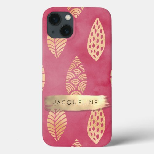 Modern Foliage Pink n Gold Brush Stroke w Name iPhone 13 Case