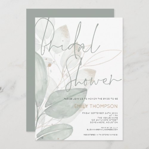 Modern Foliage Sage Gold Script Bridal Shower Invitation