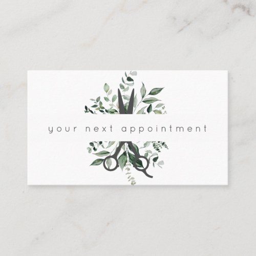 Modern Foliage Salon Scissors Logo Appointment Bus Business Card