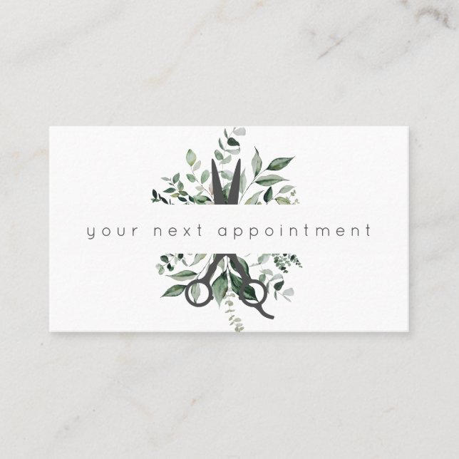 Modern Foliage Salon Scissors Logo Appointment Bus Business Card (Front)