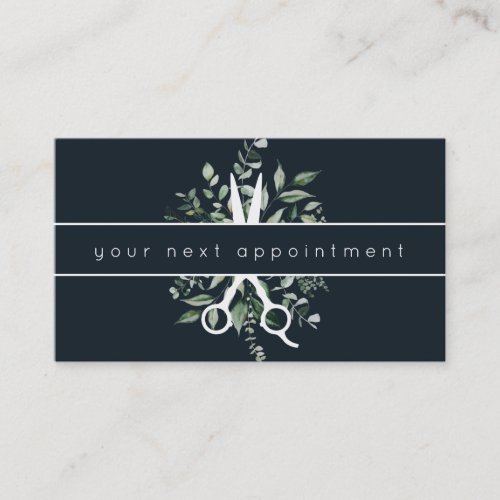 Modern Foliage Salon Scissors Logo Appointment Business Card