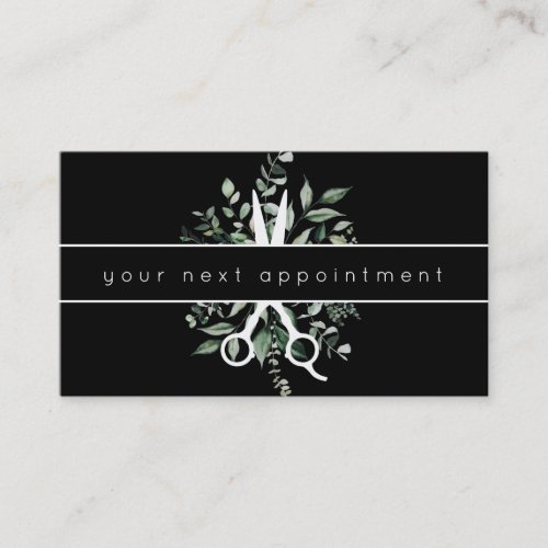 Modern Foliage Salon Scissors Logo Appointment Business Card