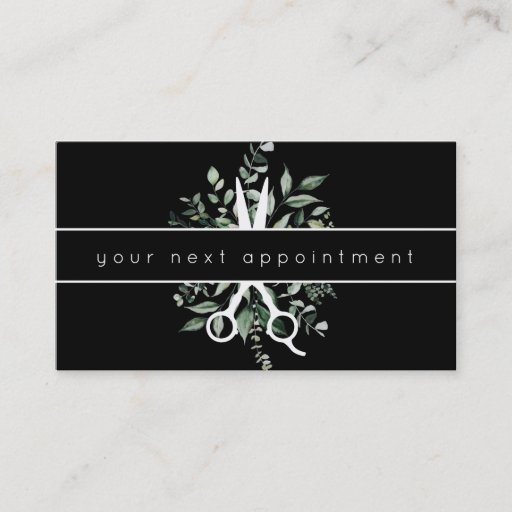 Customizable Modern Foliage Salon Scissors Logo Appointment Business Card