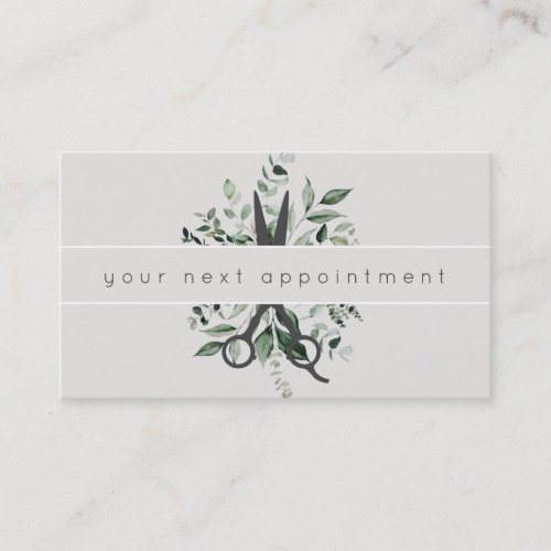 Modern Foliage Salon Scissors Logo Appointment Business Card