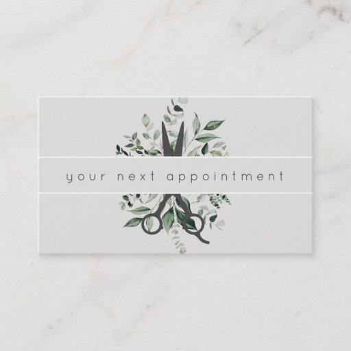 Customizable Modern Foliage Salon Scissors Logo Appointment Business Card