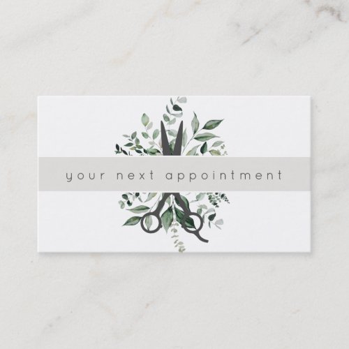 Modern Foliage Salon Scissors Logo Appointment Business Card