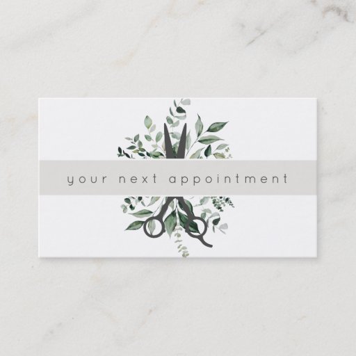 Customizable Modern Foliage Salon Scissors Logo Appointment Business Card