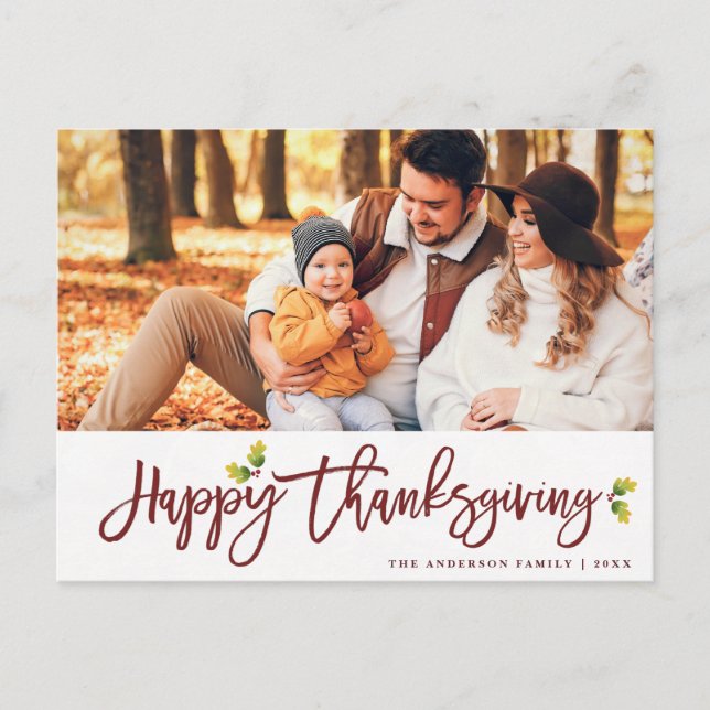 Modern foliage script Thanksgiving photo Postcard (Front)
