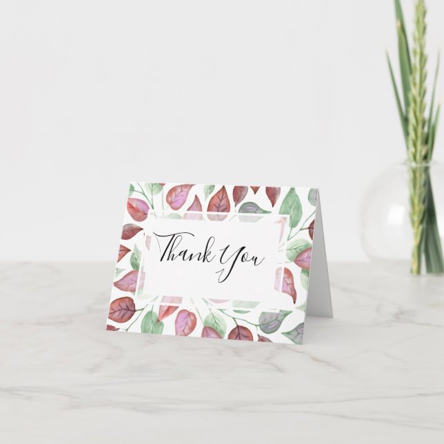 Modern Foliage Watercolor Burgundy Leaves Wedding Thank You Card (Front)