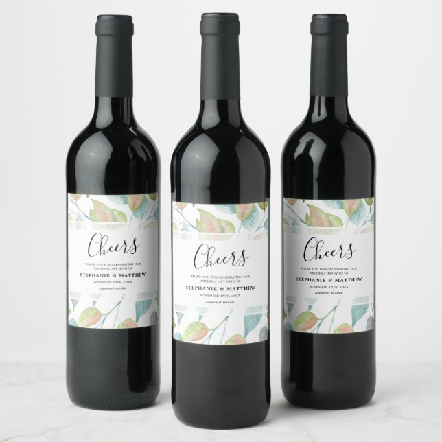 Modern Foliage Watercolor Painted Leaves Wedding Wine Label (Bottles)