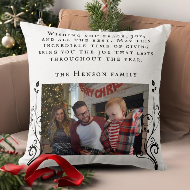 Modern Foliage Wishes Family Photo Christmas Throw Pillow (Creator Uploaded)