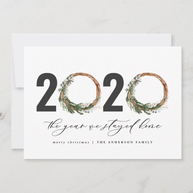 Modern foliage wreath 2020 stayed home holiday card (Front)