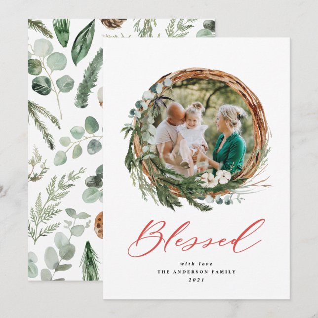 Modern foliage wreath christmas blessed red script holiday card (Front/Back)