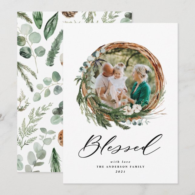 Modern foliage wreath christmas blessed script holiday card (Front/Back)